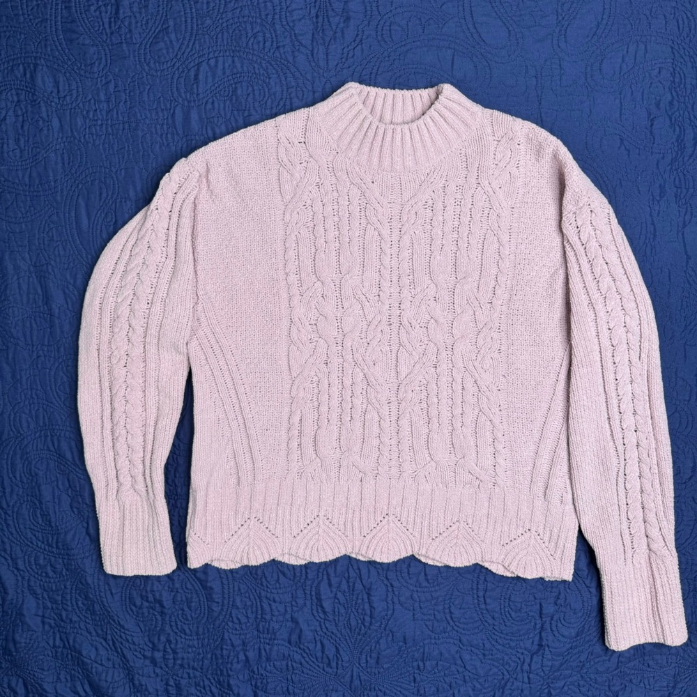 Absolutely Famous‎ Pink Y2K Cable Knit Mock Neck Sweater Womens L Very Soft